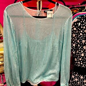 DKNY Mint Green Sequined Long Sleeve Dressy Blouse w Matching Cami Top Sz M